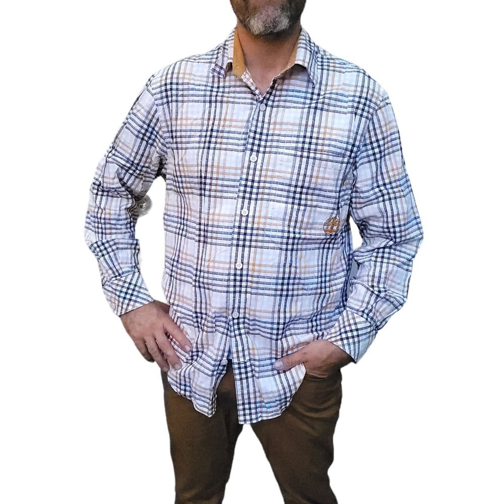 Timberland Long Sleeve Button Down Shirt Yellow/Brown Plaid Cotton Mens  Medium